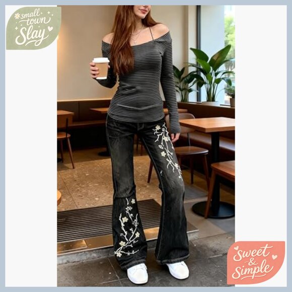 Stretchy Flare Jeans Mid Rise Embroidery Vintage Denim Pants Y2K - Picture 3 of 7